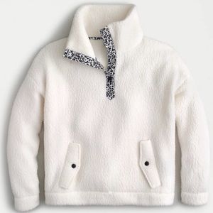 {J. Crew} Polartec Sherpa Fleece Pullover with Leopard-trim Ivory Size XS - NWT